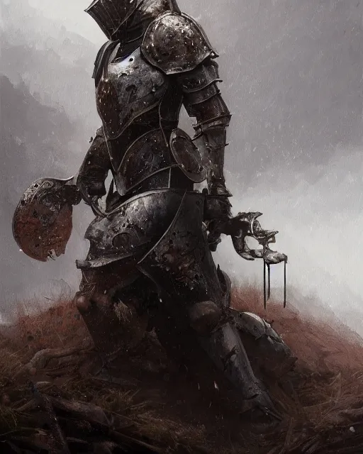 Image similar to Hyper realistic painting of an empty suit of rusty medieval full plate armour, dark fantasy, fantasy armor, hyper detailed, by greg rutkowski, surrounded by dark fog, trending on artstation