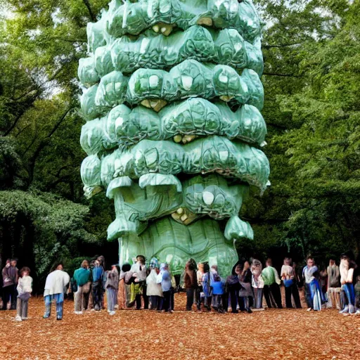 Image similar to composed celadon by hayao miyazaki, by jacob hashimoto. sculpture. a group of people gathered around a large tree in a forest. the tree is surrounded by a bright light, & the people appear to be looking up at it in wonder.