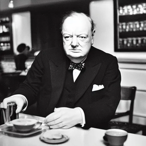 Image similar to Winston Churchill waiting for a cup of coffee in Starbucks, digital art