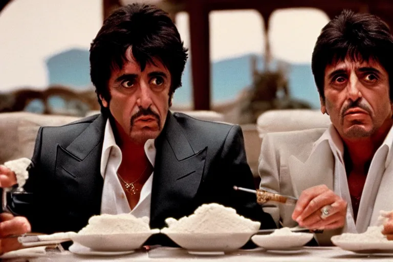 Image similar to tony montana from movie scarface 1 9 8 3 sitting behind a big black oak table with big large packages of flour and money. long shot. al pacino. perfect symmetric face, coherent eyes,, fine details, 4 k, ron cobb, cinestill