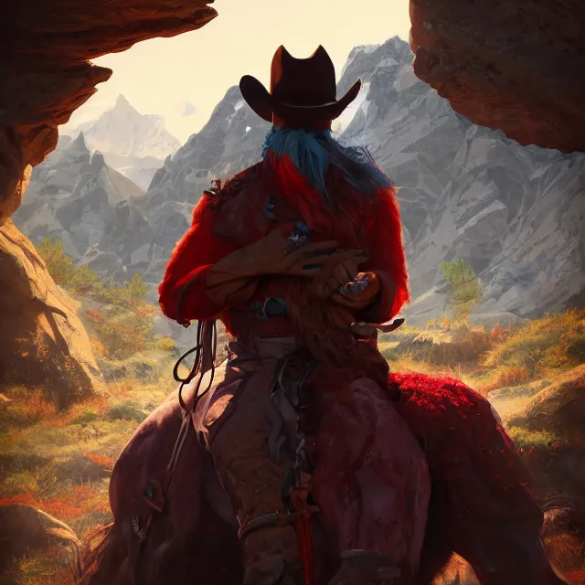 Prompt: a portrait of a bloody mysterious colorful cowboy in a mountain scenery, cartoon, unreal engine, octane render, artstation, digital art.