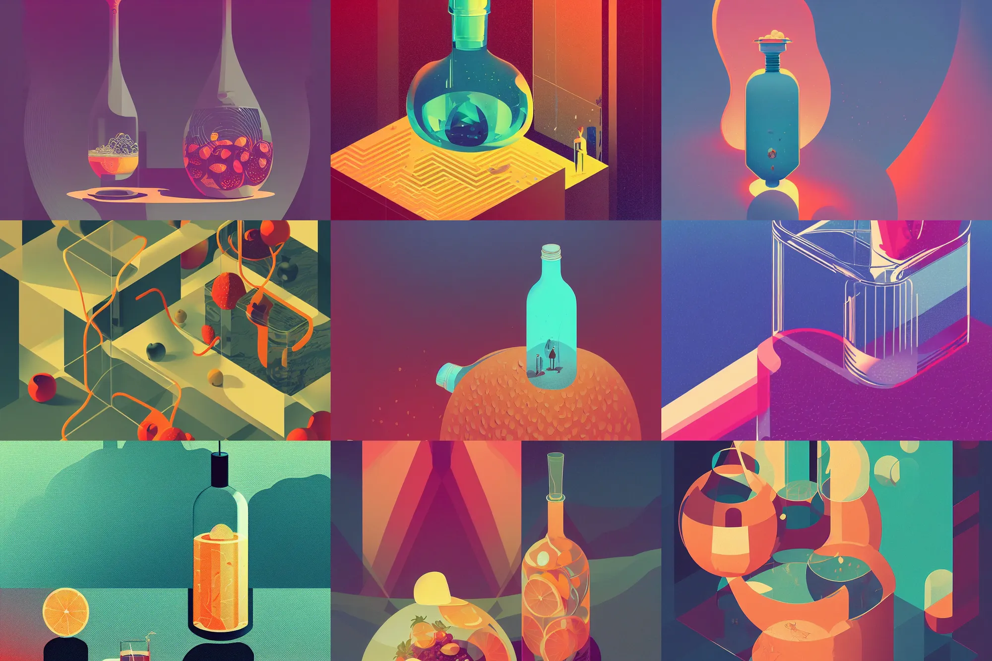 Prompt: ( ( dither ) ), editorial illustration fruit inside a clear drinking bottle, isometric, modern art deco, ( ( mads berg ) ), christopher balaskas, victo ngai, rich grainy texture, detailed, dynamic composition, wide angle, matte print, art nouveau, unreal engine