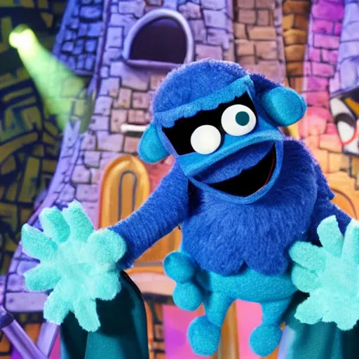 Image similar to a marketable plush muppet of a goth mantaray, in the style of muppets, lighting and character design from spongebob the musical on broadway, real, photograph, cinematic