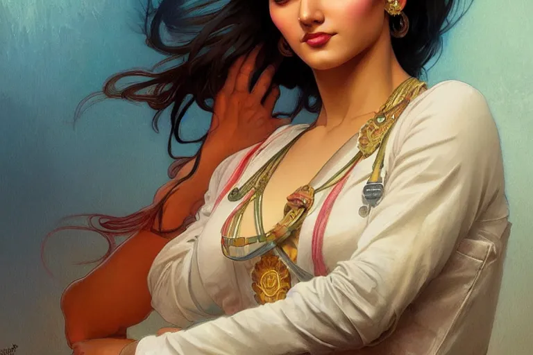 Image similar to sensual pale beautiful indian doctor in jeans, art deco portrait, elegant, intricate, digital painting, artstation, concept art, smooth, sharp focus, illustration, art by artgerm and greg rutkowski and alphonse mucha