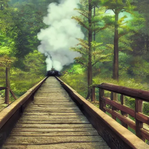 Prompt: distant shot of a steam train going over a old wooden bridge in a forest, anime, by makoto shinkai, forest, highly detailed