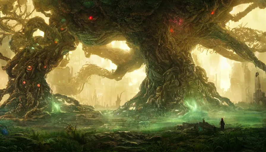 Image similar to ben lo illustration of the largest tree in the world under force field, bioshock concept art, solarpunk, hopeful, colorful, unreal engine, hyper realism, realistic shading, cinematic composition, realistic render, octane render, detailed textures, photorealistic, wide shot