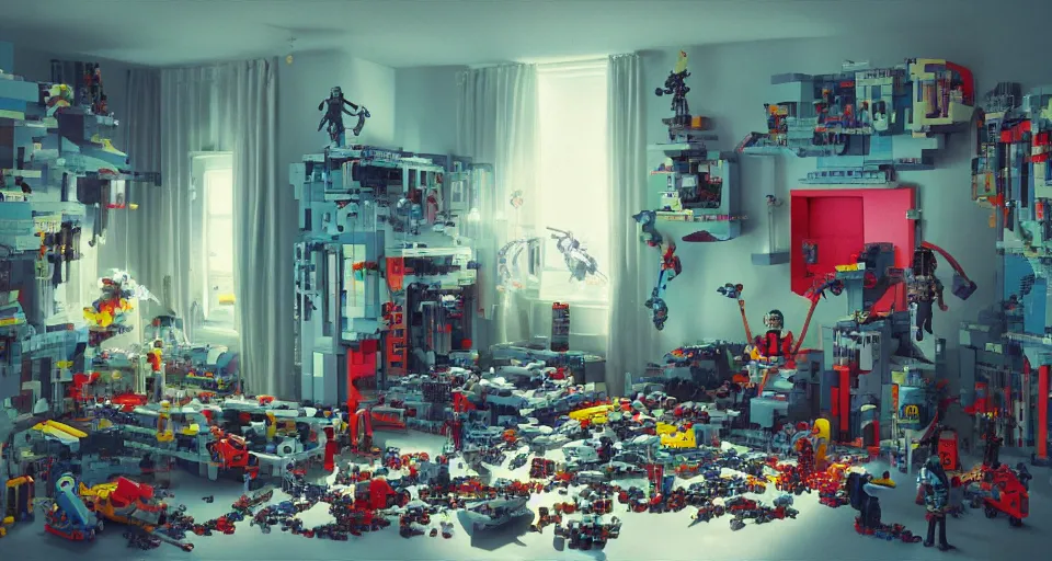 Image similar to IKEA catalogue photo, cyberpunk childrens bedroom, lego, mess by Beksiński