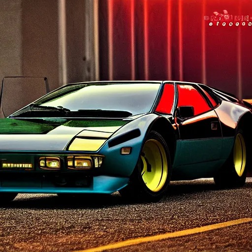 Prompt: detomaso pantera, night, headlights are on, professional photography, vaporwave