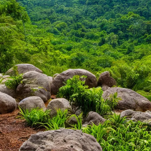 Prompt: jungle landscape, popcorn boulders in the foreground, gumdrop lake in the background