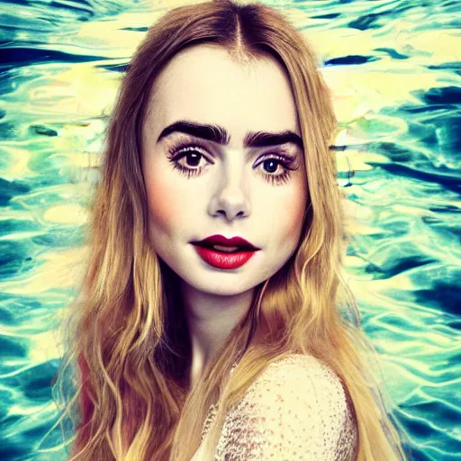 Prompt: portrait of a beautiful blonde girl lily collins, floating under the deep dream water, beautiful smooth soft light + white petal, by personal photography, art by brookskim, closeup, 4 k, highly detailed, instagram,