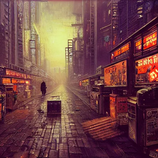 Prompt: in the style of grimshaw, vereshchagin, bauerfiend, canaletto, mesdag, saenredam ; neo tokyo cyberpunk night city with refuse, advertisements, screens, windows, and servers, tubs, vats, dumpsters