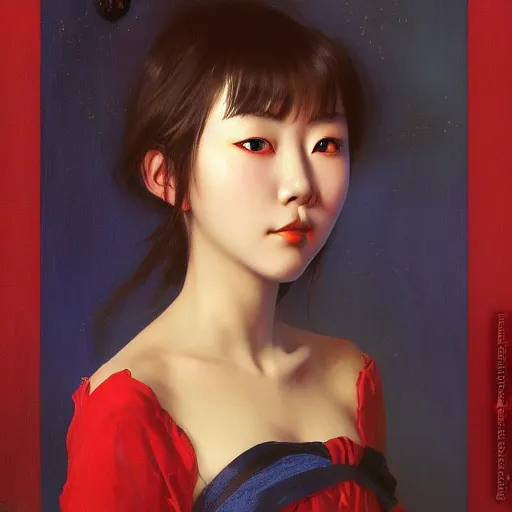 Prompt: beautiful young japanese girl with glowing red eyes finds herself lost in a dark indigo room, muted cold colors, painting part by wojciech siudmak, part by ilya repin, part by norman rockwell, artstation