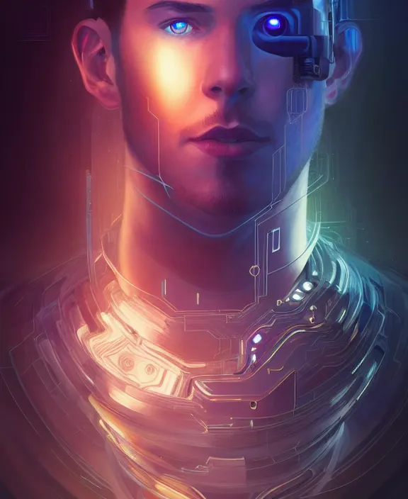 Image similar to a whirlwind inside the metaverse, guy, male, man, hologram, half body, neurochip, android, cyborg, cyberpunk face, by loish, d & d, fantasy, intricate, elegant, highly detailed, colorful, digital painting, artstation, concept art, art by artgerm and greg rutkowski and alphonse mucha