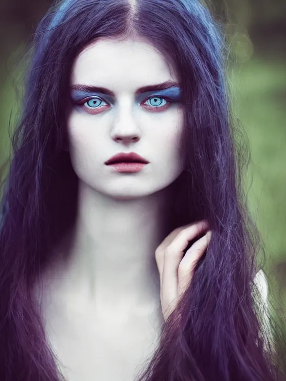 Image similar to portrait photograph of the most beautiful woman with a long dark hair, blue eyes, colorful, alessio albi, jovana rikalo