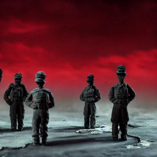 Image similar to the world war 3, surrealistic detailed claymation art, dark, moody, foggy