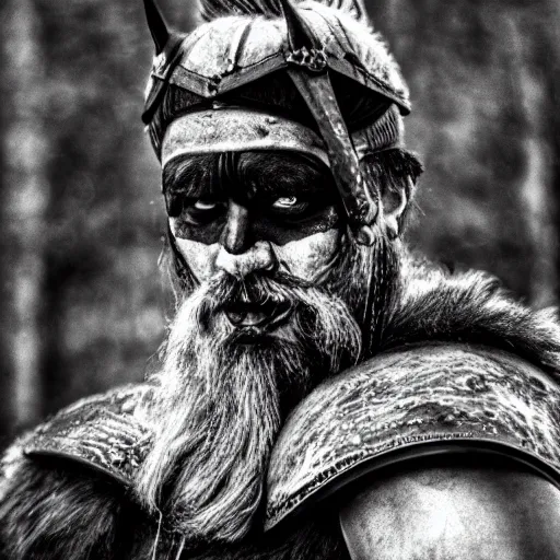 Prompt: viking in black body armour with black and white face painting, extremely detailed image from a film, full color