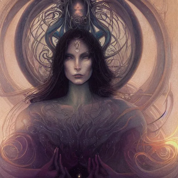 Image similar to a highly detailed beautiful portrait in the style of jean delville and in the style of peter mohrbacher. glowing rune of magical power.