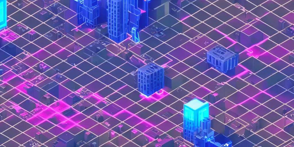 Image similar to isometric voxel art cyberpunk future city at night pink and blue c4d