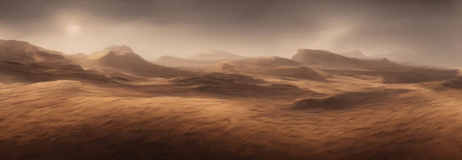Prompt: A desertic landscape with dune and sandstorm by paul chadeisson and aaron westwood, cinematic lighting, extremely detailed, ultra realistic, trending on artstation, 8K