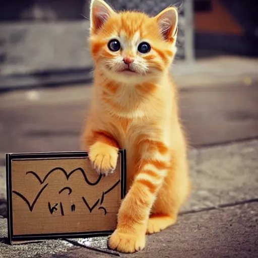 Image similar to cute fluffy orange tabby kitten with a sign that says