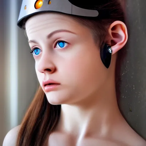 Image similar to cute young woman with robot ears and eyes, 4k, sharp focus, René Laloux