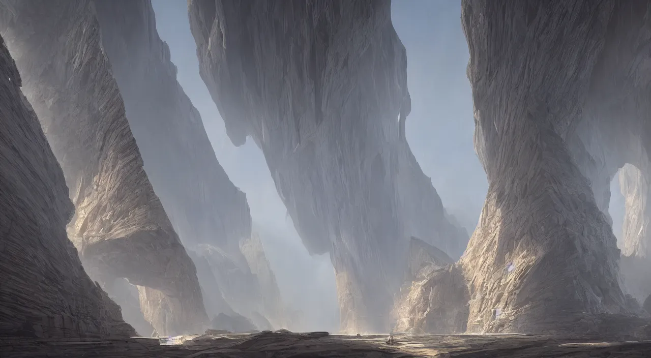 Image similar to ancient geological megastructural pyramid in canyon, tectonic parametrics by syd mead, photorealistic, zaha hadid, god rays, volumetric lighting, detailed, extremely intricate, raytrace, octane, light fog, neon, bladerunner