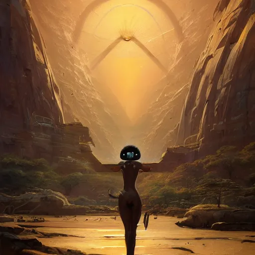 Prompt: highly detailed portrait of an african egyptian goddess destroying her ego, intricate alien technology, stephen bliss, unreal engine, fantasy art by greg rutkowski, loish, rhads, ferdinand knab, makoto shinkai and lois van baarle, ilya kuvshinov, rossdraws, tom bagshaw, global illumination, radiant light, detailed and intricate environment