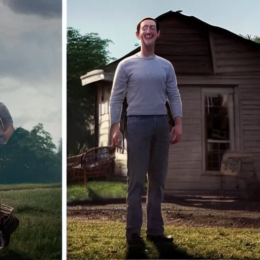 Image similar to closeup photo of mark zuckerberg dressed as pee wee herman, sunny day, village house, pastoral, happy, cinematic, art by jan urschel and neil blevins