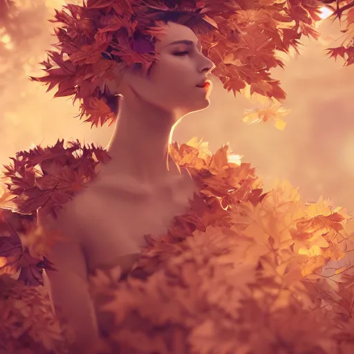 Image similar to a highly detailed digital image of an elegant woman surrounded and engulfed in leaves, matte background, artstation, detailed woman, stunning volumetric lighting, elegant, fantasy, 4k, 8k