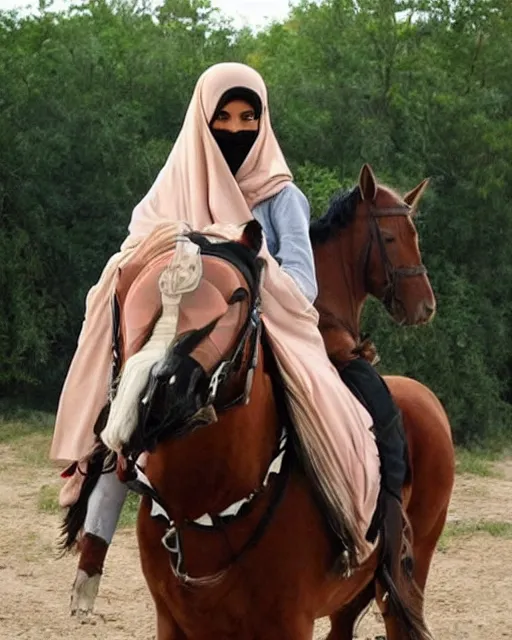 Image similar to burqa's woman, ride horse, taliban, riffle, beautiful, dynamic pose, pinterest