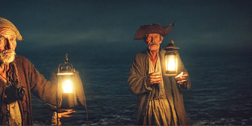 Image similar to film still of closeup old man holding up lantern by his beach hut at night. pirate ship in the ocean by emmanuel lubezki