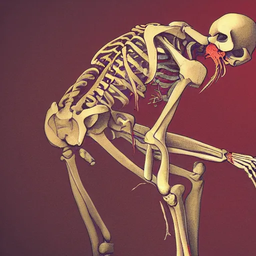 Prompt: skeleton in the fetal position, deep bleeding decaying colors