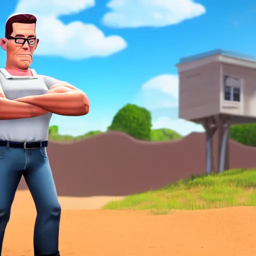 Image similar to hank hill in fortnight, 4 k, hyper realistic, dslr, high resolution, landscape, beautiful, game screenshot