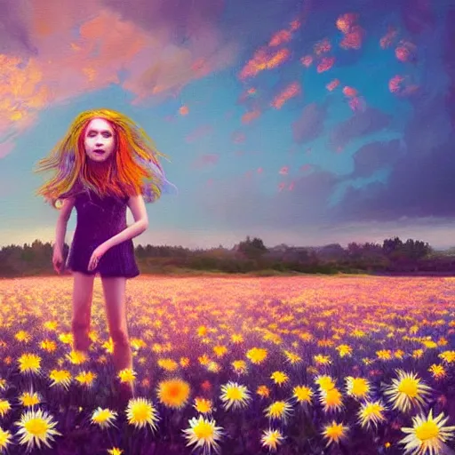 Prompt: girl with a full daisies head, surreal photography, flower field, sunset dramatic light, impressionist painting, colorful clouds, blue sky, digital painting, artstation, simon stalenhag