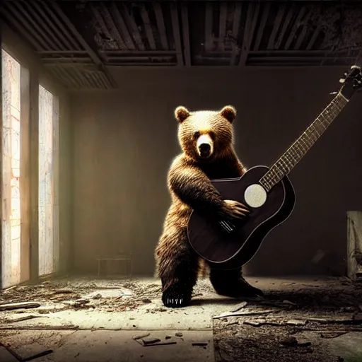 Prompt: realistic bear playing (wooden triangle + guitar neck + sound hole )in an abandoned and desecrated hallway in a cyberpunk lab, ultra realistic, concept art, intricate details, eerie, highly detailed, photorealistic, octane render, 8k, unreal engine, art by Vita Wen