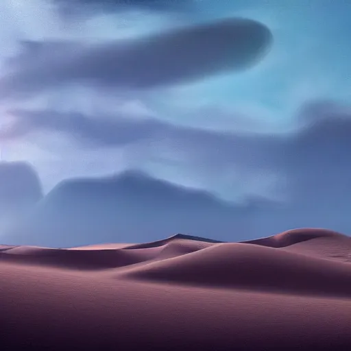 Prompt: a matte painting of desert dunes with blue light falling on them, trending on artstation
