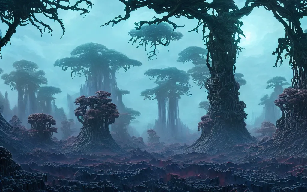 Prompt: a beautiful highly detailed matte painting of an alien planet with giant dead and intricate trees with crystals made of jade in a desolate forest by Noah Bradley concept art