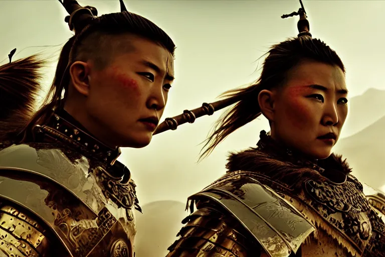 Prompt: vfx film closeup, futuristic mongolian warriors, flat color profile low - key lighting award winning photography arri alexa cinematography, hyper real photorealistic cinematic, atmospheric cool colorgrade