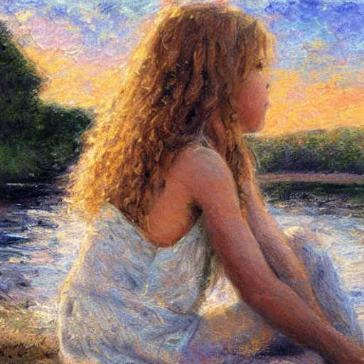 Prompt: girl with curly blonde hair sits next to her white pitbull, sitting on a riverbank watching the sunset, painting by marc fishman