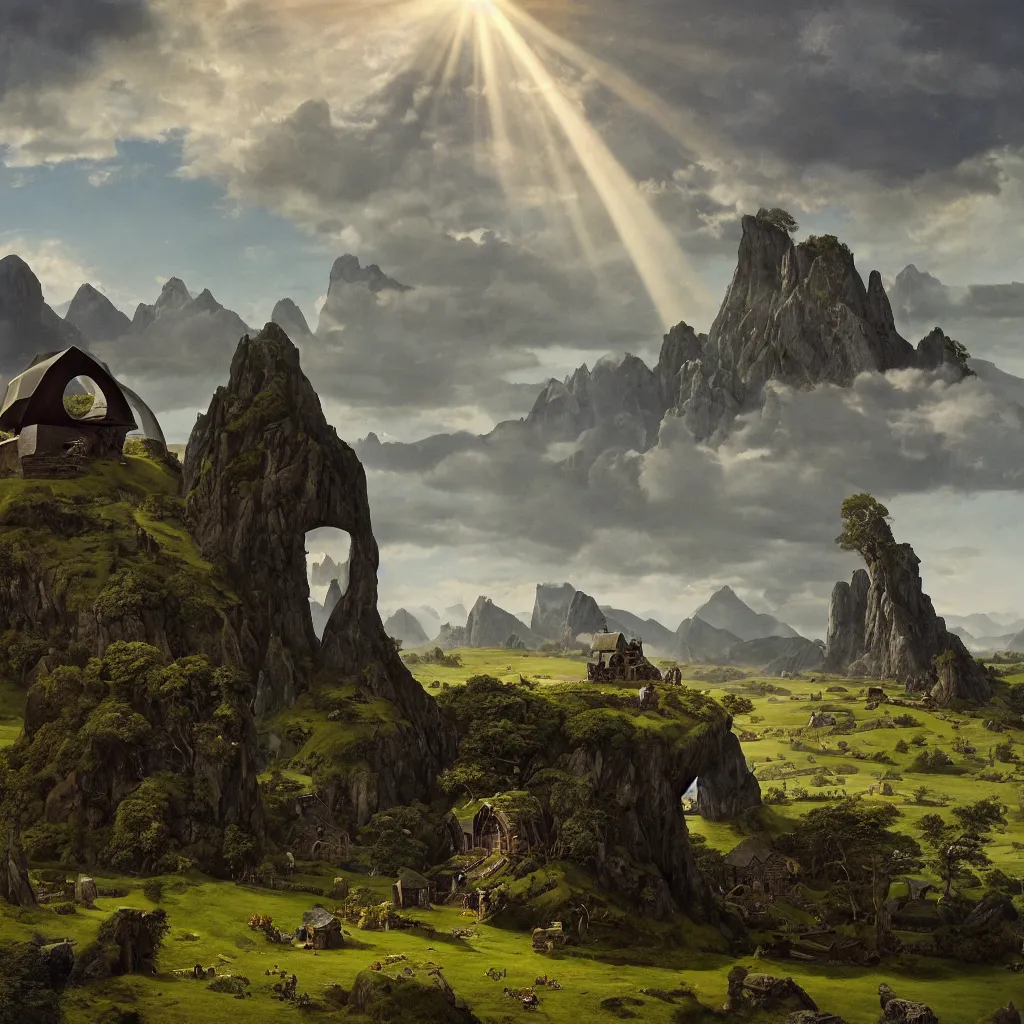 Image similar to a large single monolith with a hobbit house on top in the middle of a wide open field from a distance with mountains in the background and god rays shining through the coulds on the monolith, epic, cinematic, walton ford, jan van eyck, walton ford, fine details, high contrast