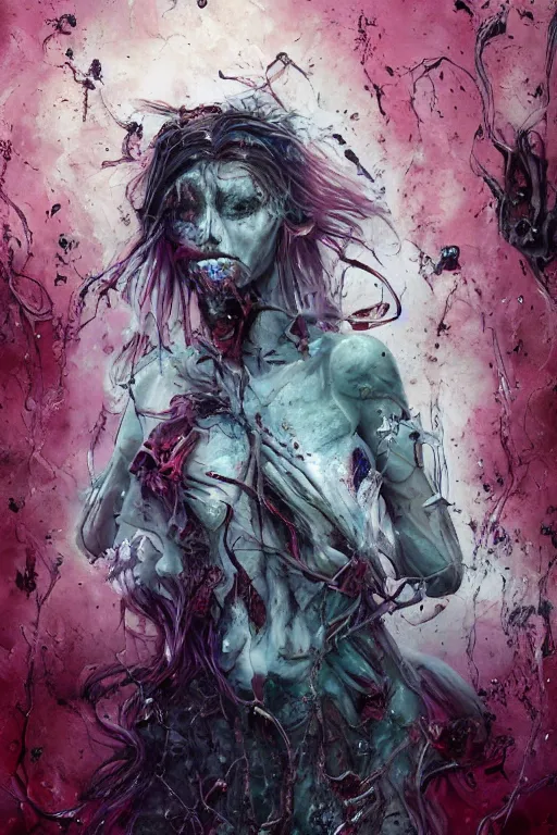 Image similar to A girl with a marble face, flowing silver-violet hair, stands with her arms spread out against the background of a blood-purple cloud in golden light, red streams flow through her body, skulls and bones of hands crawl out of the ground, dark red drops fly around, Anachronism, painting, dark fantasy, steampunk, 4k