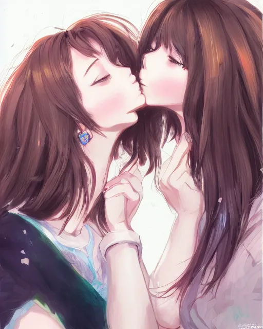 Image similar to portrait of two girls kissing, anime, drawn by WLOP, trending on Artstation