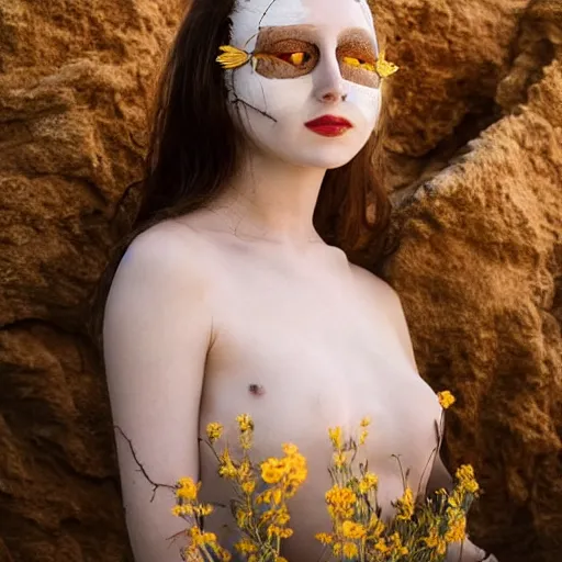 Image similar to The full body shot of beautiful pale lady with a while flower and full-face golden mask in a rocky desert background, multiple eyes and eyes reflection, long hair, photography, wide shot, day, cinematic composition, practical effects, award winning photo, 8k