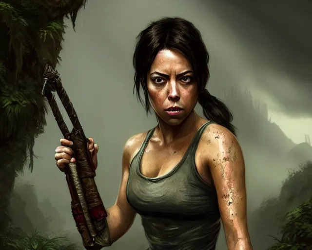 Image similar to a gaming screenshot still portrait of aubrey plaza in tomb raider, deep focus, d & d, fantasy, intricate, elegant, highly detailed, digital painting, artstation, concept art, matte, sharp focus, illustration, dark fantasy style art, hearthstone, art by artgerm and greg rutkowski and alphonse mucha