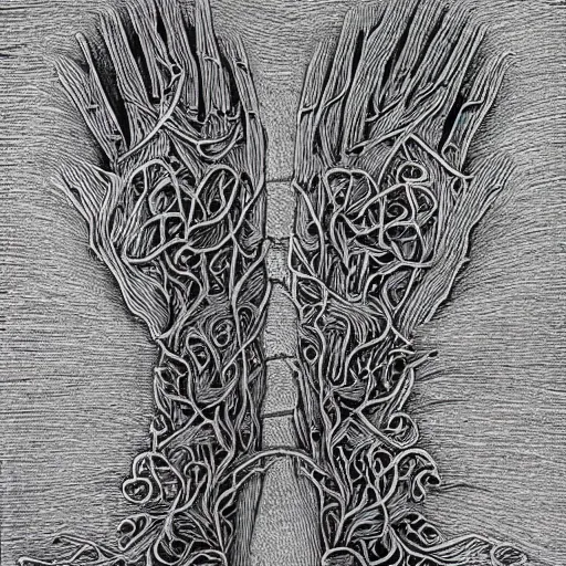 Prompt: this isn’t what I wanted, recursive intricate hands laced together, shadows surround all, landscape of the forgotten