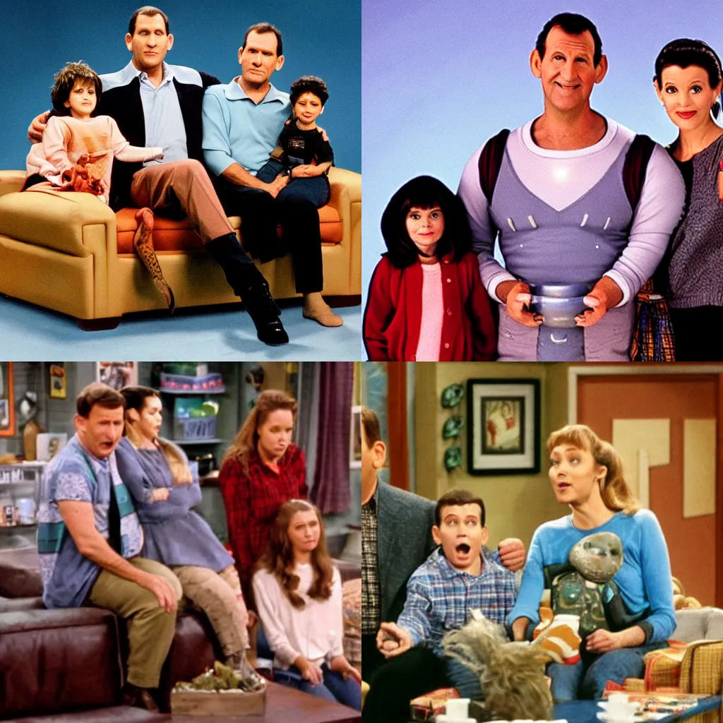 Prompt: Still from a Sitcom starring Al Bundy With An Alien Family, well lit, high production value