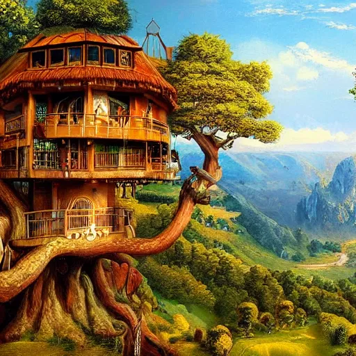 Prompt: fancy treehouse mansion on top of a mountain overlooking a view of the valley magical realism detailed painting