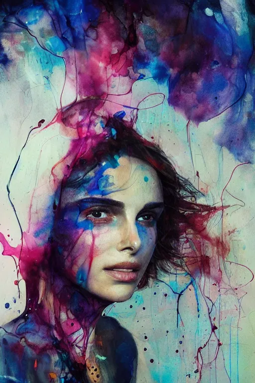 Image similar to nathalie portman by agnes cecile enki bilal moebius, intricated details, sitting on a stool, full body portrait, extremely luminous bright design, pastel colours, drips, autumn lights