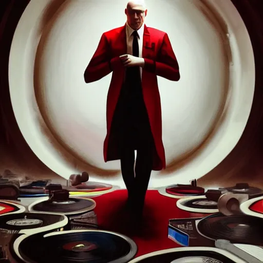 Image similar to a portrait of agent 4 7 from hitman wearing headphones, sitting in a room full of vinyl records, dark background, red rim light, highly detailed, digital art, artstation, concept art, smooth, sharp focus, greg rutkowski, wlop