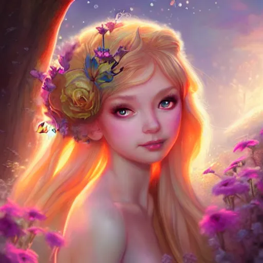 Prompt: enchanted fairy princess, detailed matte fantasy painting, warm morning light, character art portrait, deviantart artstation, by artgerm, by ross tran, by lisa frank